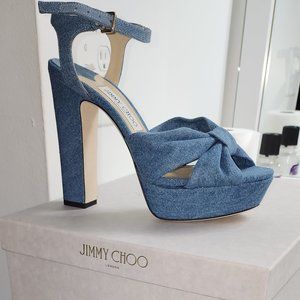 JIMMY CHOO Heloise 120 Knotted Denim Platform Heels